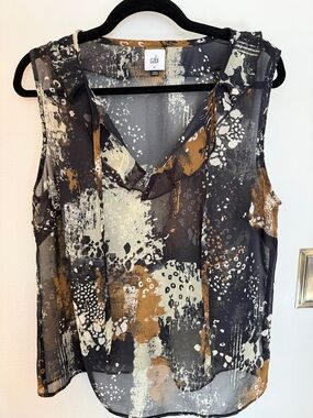 CAbi Sleeveless Printed V-Neck Camisole in Black, Brown & Cream